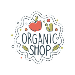 Organic shop logo, label for healthy food store, vegan shop, vegetarian cafe, ecology company, natural products, eco market, farming hand drawn vector Illustration