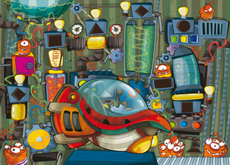 cartoon scene with ufo machine in science fiction factory - aliens creating or repearing machine - illustration for children