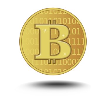 Bitcoin isolated on white background. Golden embossed coin of virtual currency