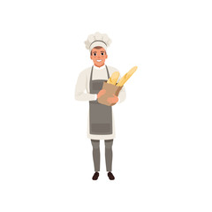 Happy young baker character holding traditional french baguettes in paper bag vector Illustration isolated on a white background