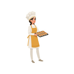 Young female baker character in uniform holding a tray with freshly baked bread vector Illustration on a white background