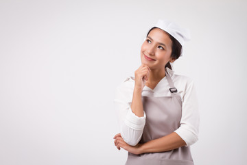 happy smiling thoughtful asian woman domestic worker thinking plan with future idea, woman housekeeper thinking planning with future idea, girl woman shopkeeper, housewife, girl cleaner, woman maid