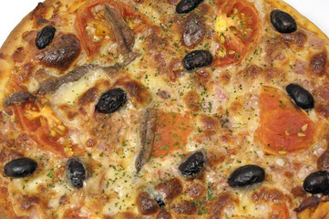 detail of a pizza with anchovy tomato olives
