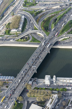 Aerial view of peripherique bridge over the Seine river
