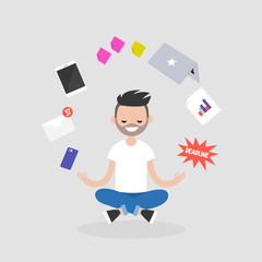 Dealing with stress. Young character meditating with closed eyes in lotus pose surrounded by floating gadgets. Yoga and healthy lifestyle / flat editable vector illustration, clip art