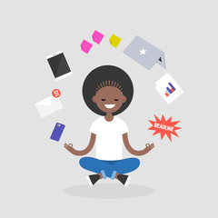 Dealing with stress. Young character meditating with closed eyes in lotus pose surrounded by floating gadgets. Yoga and healthy lifestyle / flat editable vector illustration, clip art