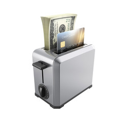 Modern concept of fast loans and payments Credit cards and stack of money american hundred dollar bills in the toaster isolated on white background 3d render without shadow - obrazy, fototapety, plakaty