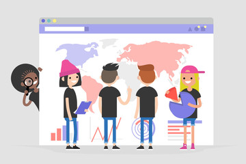 Data analysis conceptual illustration. Young character standing in front of the browser with charts and infographics. Information. International millennial team. Flat editable vector, clip art