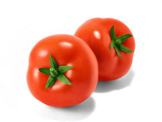 Fresh tomatoes isolated Two large ripe tomatoes isolated on white background Close up photo for posters, banners, advertising