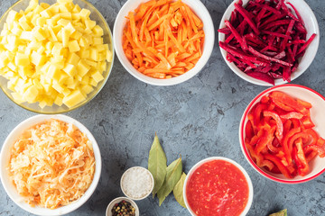 Vegetables ingredients preparation of borsch soup in the kitchen