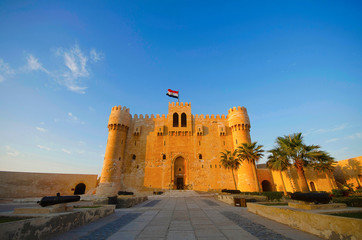 Front view of The Citadel of Qaitbay (Qaitbay Fort), Is a 15th century defensive fortress located on the Mediterranean sea coast