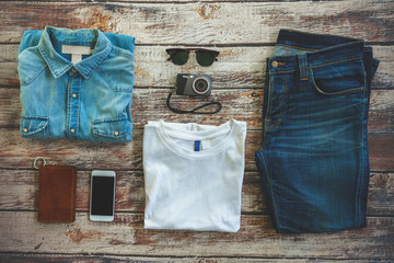 Simple Denim Vintage Classic Hipster Look Clothing Overhead  view choice guide idea for planning travel around the world 