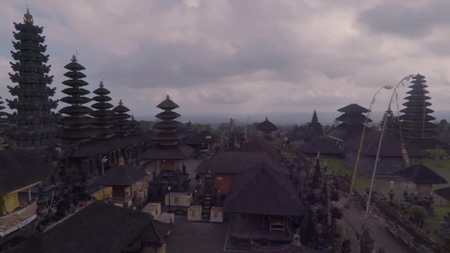aerial view of Pura Besakihin temple in bali indonesia in a cloudy dramatic day