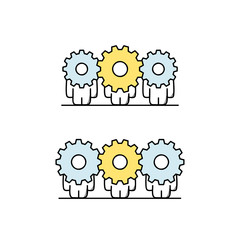 Funny cute men with gear wheels or pinions instead of the heads. Teamwork, cooperation, collaboration and joint work, leadership and leader with business group cartoon vector illustration.