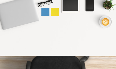 Modern workplace with laptop, coffee cup and smartphone or tablet copy space on white table background. Top view. Flat lay style.