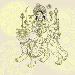 Fototapeta na wymiar Hindy Goddess Durga sitting on the tiger.