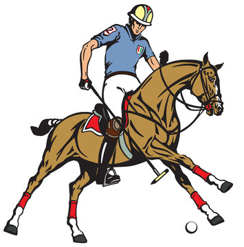 equestrian polo sport . Player riding a pony horse and holding a mallet stick to hit a ball .The  horse in gallop . Vector illustration