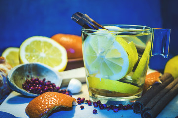 Natural treatment for colds and flu. Ginger lemon  garlic  tea against influenza. Hot tea for colds. Home Pharmacy. Proven treatment of diseases. Flu influenza remedy concept