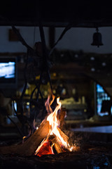 Flame of a fire in a kolyba. Bonfire in the restaurant.