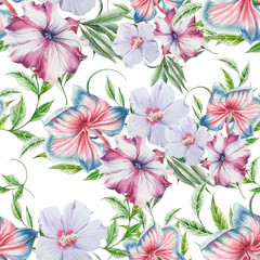 Bright seamless pattern with flowers. Orchid. Hibiscus. Petunia. Watercolor illustration. Hand drawn.