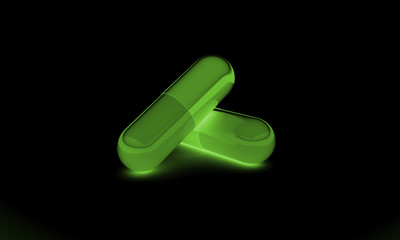 Two pills on black background 3d illustration