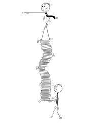 Cartoon stick man drawing conceptual illustration of businessman carry and balance manager standing and pointing on top of high pile of office files and folders.