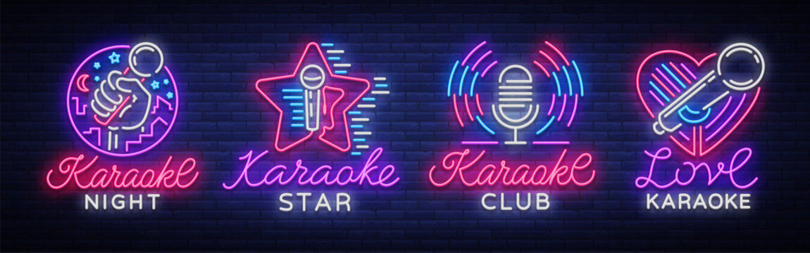 Karaoke set of neon signs. Collection is a light logo, a symbol, a light banner. Advertising bright night karaoke bar, party, disco bar, night club. Live music. Design template. Vector illustration