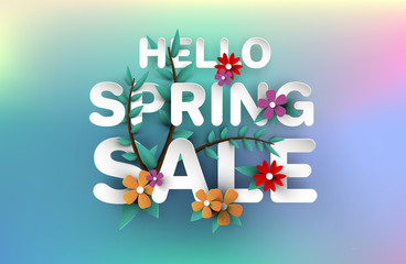 Fototapeta na wymiar Spring Sale Banner with green leaf and colorful background. Vector Design for your greetings card, flyers, web banner , invitation, posters, brochure, banners, calendar, spring sale.
