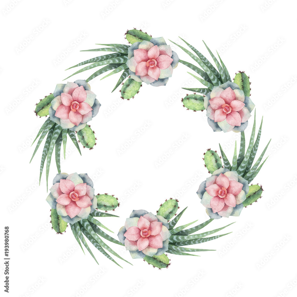 Wall mural Watercolor vector wreath of cacti and succulent plants isolated on white background.