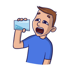 Young man drinking water on a white backgroud. Isolated flat illustration. Cartoon vector image.
