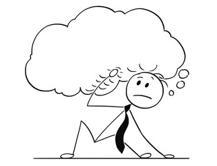 Cartoon stick man drawing conceptual illustration of businessman who is overburdened and buried by large text speech bubble as metaphor for big problem he is thinking about.
