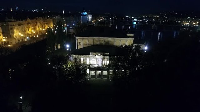 Night city of Prague, Zofin Palace, streets of Prague, PALC OFN, panoramic view from above, aerial