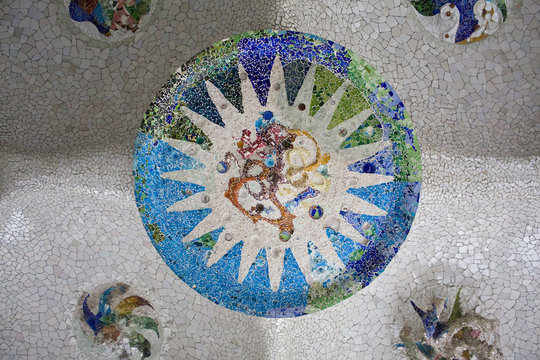 mosaic, barcelona, pattern, architecture, spain, decoration, abstract, circle, guell, park, tile, ceiling, texture, travel, detail, stone, gaudi, antique, parc guell, europe, sun, ceramic, flower, wal