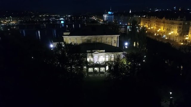 Night city of Prague, Zofin Palace, streets of Prague, PALC OFN, panoramic view from above, aerial