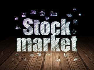 Finance concept: Glowing text Stock Market,  Hand Drawn Business Icons in grunge dark room with Wooden Floor, black background