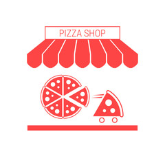 Pizza Shop, Pizzeria Single Flat Icon. Striped Awning and Signboard