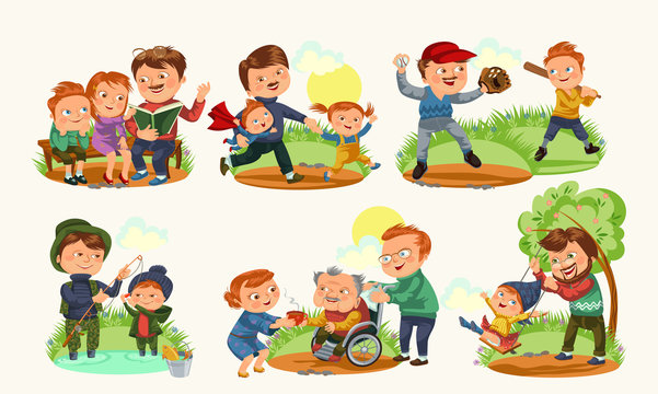 Set happy fathers day greeting card, dad fun with kids, parent of little childrens family vacation, daddy love holiday celebration vector illustration, son and daughter care man with mustache and