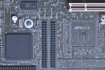 Close-up of a computer motherboard with electronical components