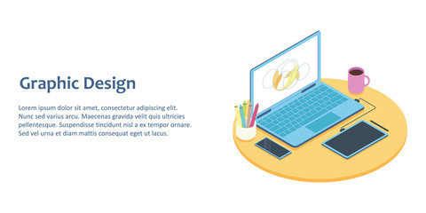 Isometric illustration of designer workplace with computer and graphics tablet. For concept of office workspace