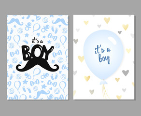 Vector set of blue baby shower cards for baby boys. It's a boy card. Vector invitation with cute pattern, balloon. Baby arrival and shower