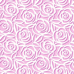 Seamless pattern. Cute vector illustration of roses with leaves on violet background. Origami style. Paper cut pattern.