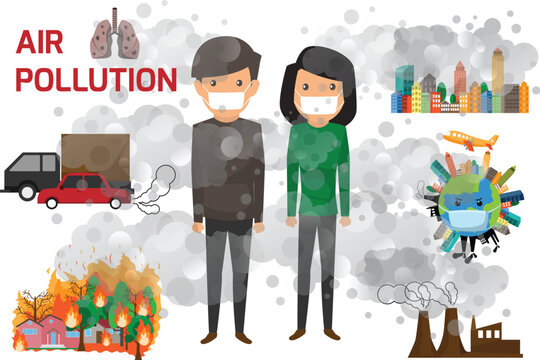 Environmental pollution infographics set with information about environmental impact. Air Pollution and cartoon character vector illustration.