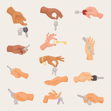 Human vector hand holding apartment male and female gesture sign isolated on background. Security house concept symbol hands holding keys. Business success human arm fingers tate agent lock people
