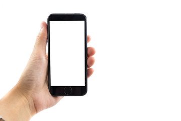 white background hand of caucasian woman hold mobile phone with copy space. image for body, technology, communication, gadget, isolated, person, telephone concept