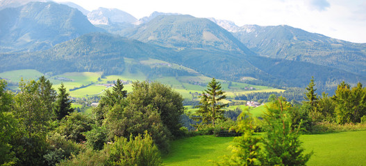 beautiful panorama of the Alpine mountains and the European village