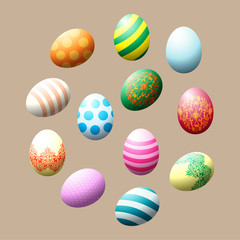 Easter eggs. Set of colored 3d painted eggs. Lace pattern. Vector illustration.