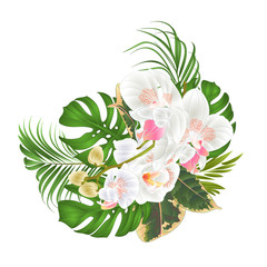 Bouquet with tropical flowers  floral arrangement, with beautiful white orchid, palm,philodendron and ficus vintage vector illustration  editable hand draw