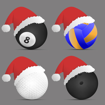  Santa Hat with Volleyball ball, billiards ball, golf ball, bowling ball on gray background.set of sports balls. vector. illustration. graphic design. super sale for Christmas day.