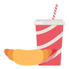 Soda cup and croissant icon, flat style