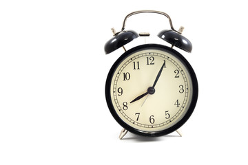 clock placed on white background with copy space. image for isolate, alarm, copy space, retro, antique concept